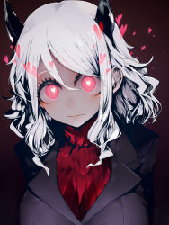 Rule 34 | 1girl, black background, black horns, black jacket, black suit, blush, breasts, closed mouth, commentary request, demon girl, demon horns, formal, gradient background, grey hair, hair between eyes, heart, heart-shaped pupils, helltaker, highres, horns, jacket, large breasts, long hair, long sleeves, looking at viewer, modeus (helltaker), red background, red eyes, red sweater, ribbed sweater, solo, suit, susumu, sweater, symbol-shaped pupils, turtleneck, upper body, white hair