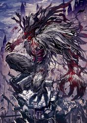 Rule 34 | blood, bloodborne, city, claws, cleric beast, cloud, highres, mamuru, monster, no humans, open mouth, red eyes, ribs