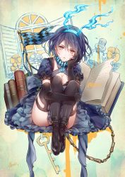 Rule 34 | 1girl, alice (sinoalice), black hair, black thighhighs, blue hair, book, bow, breasts, character name, checkered flag, choker, cleavage, doro (sabarudoro), dress, elbow gloves, flag, flower, frills, gloves, key, looking at viewer, mushroom, parted lips, petticoat, puffy short sleeves, puffy sleeves, red eyes, short hair, short sleeves, signature, sinoalice, solo, teeth, thighhighs, window, zettai ryouiki