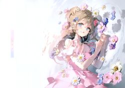 Rule 34 | 1girl, :o, absurdres, air bubble, anmi, bare arms, bare shoulders, blue eyes, blue flower, blush, brown hair, bubble, comiket 103, dress, flower, hair flower, hair ornament, highres, long hair, looking at viewer, lying, non-web source, on side, open mouth, original, parted lips, partially submerged, pink dress, pink flower, purple flower, scan, solo, water, white flower
