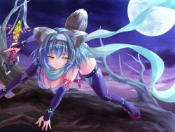 Rule 34 | 1girl, animal ears, bad id, bad pixiv id, bent over, blue hair, breasts, bridal gauntlets, cabbaco, character request, cleavage, hairband, highres, large breasts, moon, neon trim, night, ninja, open mouth, outdoors, scarf, short hair, solo, source request, spread legs, sword, tail, thighhighs, tree, weapon, wolf, wolf ears, wolf tail, yellow eyes