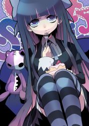 Rule 34 | 10s, 1girl, :&lt;, annoyed, bad id, bad pixiv id, cake, colored inner hair, dutch angle, eating, food, fork, fruit, hanjuku otome, honekoneko (psg), multicolored hair, panty &amp; stocking with garterbelt, solo, stocking (psg), strawberry, striped clothes, striped thighhighs, stuffed animal, stuffed cat, stuffed toy, thighhighs