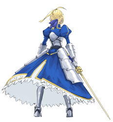 Rule 34 | 1girl, ahoge, armor, armored boots, armored dress, artoria pendragon (all), artoria pendragon (fate), blonde hair, blue dress, blue ribbon, boots, braid, braided bun, dress, excalibur (fate/stay night), fate/stay night, fate (series), faulds, from behind, full body, gauntlets, hair bun, hair ribbon, highres, holding, holding sword, holding weapon, juliet sleeves, long sleeves, puffy sleeves, ribbon, saber (fate), simple background, sketch, solo, sword, tenoo12, weapon, white background