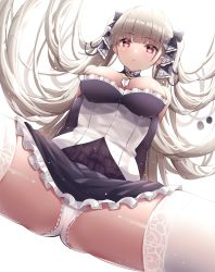 Rule 34 | 1girl, arms at sides, ass, azur lane, bare shoulders, between breasts, black choker, black dress, black ribbon, blush, breasts, choker, closed mouth, dress, eol 9, floating hair, formidable (azur lane), from below, hair ribbon, highres, large breasts, long hair, looking at viewer, looking down, panties, red eyes, ribbon, silver hair, simple background, solo, spread legs, thighhighs, thighs, two-tone dress, two-tone ribbon, underwear, white background, white choker, white dress, white panties, white ribbon, white thighhighs