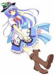 Rule 34 | 1girl, blue hair, blush, boots, dress, dress shirt, food, food on head, fruit, fruit on head, hat, highres, hinanawi tenshi, knee boots, kneehighs, layered dress, long hair, looking at viewer, object on head, peach, red eyes, sash, shirt, smile, socks, solo, szk, touhou, very long hair