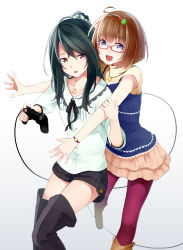 Rule 34 | 2girls, black hair, boots, brown hair, controller, dualshock, game controller, gamepad, glasses, gradient background, hairband, highres, jewelry, multiple girls, open mouth, original, pantyhose, pendant, playstation controller, purple eyes, retsuna, short hair, short sleeves, shorts, simple background, skirt, thigh boots, thighhighs, watch, white background