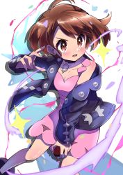 Rule 34 | 1girl, absurdres, black jacket, blush, boots, brown eyes, brown hair, commentary request, cosplay, creatures (company), dress, game freak, gloria (pokemon), hand up, highres, holding, holding poke ball, jacket, looking to the side, marnie (pokemon), marnie (pokemon) (cosplay), nintendo, off shoulder, open clothes, open jacket, open mouth, pink dress, poke ball, poke ball (basic), pokemon, pokemon swsh, sheyona, shiny skin, short hair, solo
