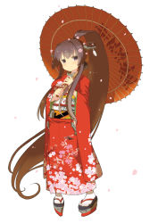 Rule 34 | 10s, 1girl, absurdly long hair, brown eyes, brown hair, cherry blossoms, hair ornament, japanese clothes, kantai collection, kimono, long hair, long sleeves, looking at viewer, obi, oil-paper umbrella, ooide chousuke, personification, petals, ponytail, sash, simple background, smile, solo, tabi, umbrella, very long hair, white background, white legwear, wide sleeves, yamato (kancolle)