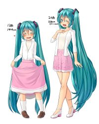 Rule 34 | 2girls, absurdres, aged down, blush, closed eyes, clothes lift, dual persona, full body, green eyes, green hair, hatsune miku, high heels, highres, kitsunerider, kneehighs, long hair, multiple girls, one eye closed, open mouth, ribbon, shirt, shoes, skirt, skirt lift, smile, socks, transparent background, twintails, very long hair, vocaloid, white background, white legwear