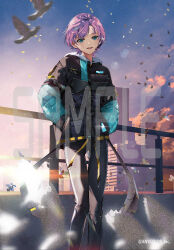 Rule 34 | 1girl, :d, alternate costume, bird, black jacket, blue eyes, building, confetti, copyright name, hand in pocket, hood, hood down, hooded jacket, jacket, lens flare, long sleeves, looking at viewer, night, nijisanji, official art, open mouth, outdoors, pink hair, sample watermark, shiomi (lowrise), short hair, smile, solo, sparkle, standing, tree, virtual youtuber, watermark, yuuhi riri, yuuhi riri (4th costume)