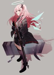 Rule 34 | 1girl, absurdres, ambriel (arknights), arknights, black footwear, black jacket, black skirt, black thighhighs, boots, candy, detached wings, energy wings, food, food in mouth, full body, grab pigeon, grey background, gun, hair ornament, hairclip, halo, highres, holding, holding gun, holding weapon, jacket, lollipop, long hair, looking at viewer, mouth hold, one side up, open clothes, open jacket, pink hair, purple eyes, rifle, scope, shadow, simple background, skirt, sniper rifle, solo, standing, thighhighs, weapon, wings