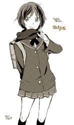 Rule 34 | 1girl, :3, amagami, arm behind back, character name, copyright name, greyscale, monochrome, pe88y (yu tsugirls), scarf, school uniform, short hair, smile, solo, tachibana miya