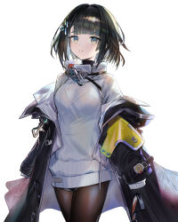 Rule 34 | 1girl, absurdres, arknights, arknights: endfield, black jacket, black pantyhose, breasts, cowboy shot, endministrator (arknights), female endministrator (arknights), hair ornament, highres, jacket, layered sleeves, long sleeves, looking at viewer, moyume, off shoulder, open clothes, open jacket, pantyhose, parted lips, ribbed sweater, short hair, simple background, small breasts, solo, sweater, thighs, variant set, white background, white sweater, yellow eyes