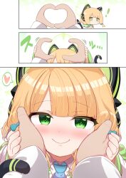 Rule 34 | 1boy, 1girl, absurdres, blue archive, blush, heart, heart hands, highres, midori (blue archive), school uniform, shiyoo, smile, snoot challenge