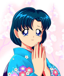 Rule 34 | 1990s (style), bishoujo senshi sailor moon, blue eyes, blue hair, blush, flower, japanese clothes, kimono, mizuno ami, pirochi, retro artstyle, short hair, smile, solo