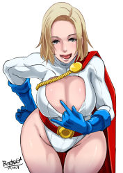 Rule 34 | 1girl, animification, belt, blonde hair, blue eyes, blue gloves, breasts, butcha-u, cape, cleavage, cleavage cutout, cleavage reach, clothing cutout, dc comics, downblouse, eye contact, eyelashes, gloves, hand on ass, hand on own hip, hip focus, large breasts, leaning forward, leotard, licking lips, lips, looking at another, naughty face, open mouth, power girl, ribbed leotard, shiny skin, short hair, smile, solo, superhero costume, superman (series), thick lips, thick thighs, thigh gap, thighs, thong leotard, tongue, tongue out