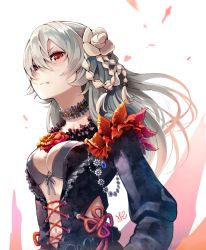 Rule 34 | &gt;:(, 1girl, bad id, bad pixiv id, bra, breasts, choker, closed mouth, flower, frilled choker, frills, from below, frown, grey bra, hair between eyes, hair flower, hair ornament, hoshizaki reita, jacket, long hair, long sleeves, looking at viewer, looking down, medium breasts, navel, open clothes, open jacket, original, red eyes, rose, silver hair, solo, underwear, upper body, v-shaped eyebrows