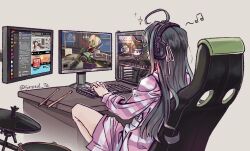 Rule 34 | 1girl, ahoge, awa subaru, black hair, chair, character request, check character, computer, cr1tikal, desk, discord, drum, drum set, drumsticks, eighth note, facing away, from behind, gaming chair, girls band cry, hair ribbon, headphones, instrument, long hair, long sleeves, monitor, musical note, pink shorts, pink sweater, playing games, ribbon, shirt, shorts, sitting, solo, spilled te, spoken musical note, striped clothes, striped shorts, striped sweater, sweater, swivel chair, twitter, twitter username, white shirt, youtube