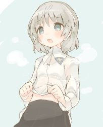 Rule 34 | 1girl, :o, black skirt, blue eyes, blush, clothes lift, long sleeves, navel, okayu (headless), open mouth, pleated skirt, sanya v. litvyak, shirt, shirt lift, short hair, silver hair, simple background, skirt, solo, strike witches, undressing, white shirt, world witches series