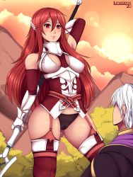 Rule 34 | 1boy, 1girl, armor, artist name, bare shoulders, black panties, blush, boots, breastplate, breasts, cameltoe, cleft of venus, cloud, cordelia (fire emblem), fire emblem, garter straps, gauntlets, highres, lumarianne20, mountain, nintendo, outdoors, panties, polearm, red eyes, red hair, robin (fire emblem), robin (male) (fire emblem), sky, smile, spear, sun, thick thighs, thigh boots, thighhighs, thighs, underwear, weapon, white hair
