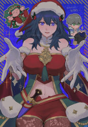 Rule 34 | 1girl, ashe ubert, beckoning, blue hair, breasts, byleth (female) (fire emblem), byleth (female) (frosty professor) (fire emblem), byleth (fire emblem), character doll, christmas, commentary request, fire emblem, fire emblem: three houses, fire emblem heroes, foreshortening, gloves, green eyes, grey hair, hair between eyes, hat, large breasts, looking at viewer, navel, nintendo, official alternate costume, open mouth, outstretched hand, pantyhose, reaching, reaching towards viewer, santa hat, smile, sothis (fire emblem), ushiomi, white gloves