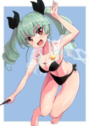 Rule 34 | 1girl, :d, alternate costume, anchovy (girls und panzer), barefoot, bikini, black bikini, black ribbon, breasts, brown eyes, buchikaki, cleavage, commentary, curvy, drill hair, full body, girls und panzer, gluteal fold, green hair, hair ribbon, holding, holding pointer, holding riding crop, long hair, looking at viewer, medium breasts, navel, open mouth, pointer, ribbon, riding crop, shiny skin, side-tie bikini bottom, simple background, smile, solo, swimsuit, twin drills, twintails, very long hair, wide hips