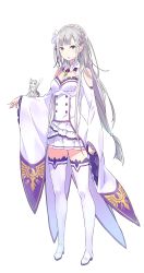 Rule 34 | 10s, 1girl, absurdres, bag, bare shoulders, blunt bangs, blush, boots, braid, breasts, carrying, cat, cleavage, cleavage cutout, clothing cutout, dress, earrings, elf, emilia (re:zero), flower, french braid, frills, full body, hair flower, hair ornament, high heel boots, high heels, highres, jewelry, long hair, matsue daichi, miniskirt, official art, ootsuka shin&#039;ichirou, open mouth, outstretched arm, pack (re:zero), pleated skirt, pointy ears, puck (re:zero), purple eyes, re:zero kara hajimeru isekai seikatsu, showgirl skirt, silver hair, simple background, single earring, skirt, sleeves past wrists, small breasts, thigh boots, thighhighs, very long hair, white background, white footwear, white theme, white thighhighs, wide sleeves, zettai ryouiki