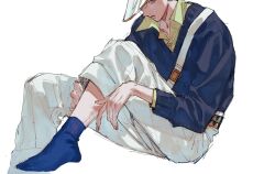 1boy belt belt_buckle black_sweater blue_socks buckle chest_belt collared_shirt commentary_request eyelashes green_eyes hat highres jojo_no_kimyou_na_bouken knee_up kuujou_joutarou layered_sleeves long_sleeves looking_at_viewer male_focus open_collar pants patterned_clothing profile shirt simple_background sitting socks solo stardust_crusaders sweater tem_1231 white_background white_belt white_hat white_pants wing_collar yellow_shirt