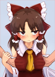 Rule 34 | 1girl, arm grab, ascot, bare shoulders, blue background, blush, bow, grabbing another&#039;s breast, brown eyes, brown hair, collarbone, commentary request, detached sleeves, frilled bow, frilled shirt collar, frills, grabbing, hair bow, hair tubes, hakurei reimu, long hair, long sleeves, looking to the side, nose blush, red bow, sidelocks, simple background, solo focus, sweat, tada no nasu, touhou, upper body, v-shaped eyebrows, wide sleeves, yellow ascot