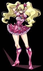 Rule 34 | 1girl, arms up, black background, blonde hair, boots, bow, brooch, choker, closed mouth, corset, cure peach, fresh precure!, frills, full body, hair ornament, heart, heart hair ornament, high heel boots, high heels, jewelry, knee boots, legs, long hair, looking to the side, magical girl, momozono love, pink bow, pink eyes, pink footwear, pink neckwear, pink skirt, precure, puffy sleeves, senmu (0107), simple background, skirt, solo, standing, twintails, wrist cuffs