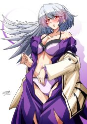 Rule 34 | 1girl, angel wings, beige jacket, blush, bra, braid, breasts, cleavage, collarbone, commentary request, dated, dress, eyelashes, feathered wings, fingernails, french braid, half updo, kishin sagume, large breasts, light smile, lips, long sleeves, looking at viewer, open mouth, panties, pink bra, pink panties, purple dress, red eyes, shiny skin, sidelocks, signature, silver hair, single wing, smile, solo, standing, stomach, tatsuya (guild plus), thighs, touhou, underwear, wings