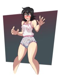 Rule 34 | 1girl, animal print, armpits, artist request, bare shoulders, barefoot, black hair, blush, border, bra, breasts, camisole, capcom, cleavage, clenched hand, collarbone, devil may cry (series), embarrassed, eyelashes, feet, female focus, fingernails, full body, gradient background, hair between eyes, heart, heart print, heterochromia, highres, humor, imsomethingradical, lady (devil may cry), looking at self, looking at viewer, looking down, medium breasts, midriff, navel, neck, open mouth, outstretched arms, panties, parted bangs, print camisole, print panties, rabbit print, rainbow print, shiny skin, short hair, spiked hair, spread arms, spread legs, standing, toenails, toes, underwear, underwear only, unworn clothes, white border