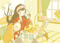 Rule 34 | 1girl, animal, anteater, bed, bird, black hair, blush, braid, braiding hair, cat, chipmunk, closed eyes, croissant, cup, curtains, flower, flower pot, food, hair lift, hairdressing, hamster, headband, hedgehog, highres, holding, long hair, mirror, morning, mug, newspaper, omelet, omurice, original, pajamas, parted lips, pouring, rabbit, rose, rubbing eyes, solo, squirrel, succulent plant, tea, teapot, toothbrush, tray, under covers, vase, very long hair, window, yoshimon