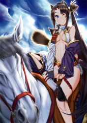 Rule 34 | 1girl, 4n., ;d, animal, armor, asymmetrical sleeves, black hair, blue eyes, blue sky, breasts, circlet, cloud, day, detached sleeves, fate/grand order, fate/stay night, fate (series), gloves, grin, hair ornament, hooves, horse, horse legs, horseback riding, japanese armor, jewelry, katana, kusazuri, long hair, looking away, mismatched sleeves, navel, one eye closed, open mouth, outdoors, parted bangs, pom pom (clothes), revealing clothes, ribs, riding, ring, rope, sitting, sky, small breasts, smile, socks, solo, stomach, sword, underboob, ushiwakamaru (fate), very long hair, weapon, white socks