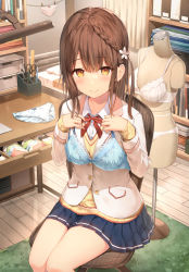 Rule 34 | 1girl, blazer, blue bra, blue skirt, bra, braid, brown hair, character request, collared shirt, commentary request, hair between eyes, holding, holding bra, holding clothes, holding underwear, indoors, jacket, lingerie girl wo okini mesu mama, looking at viewer, medium hair, neck ribbon, orange eyes, panties, pleated skirt, red ribbon, ribbon, school uniform, shirt, sitting, skirt, smile, solo, sune (mugendai), sweater, underwear, white panties, white shirt, yellow sweater
