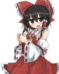 Rule 34 | 1girl, ascot, bad id, bad pixiv id, black eyes, black hair, blush, bow, cowboy shot, detached sleeves, golgi hon, hair between eyes, hair bow, hair tubes, hakurei reimu, highres, jitome, long sleeves, looking at viewer, open mouth, own hands together, red bow, ribbon-trimmed sleeves, ribbon trim, short hair, sidelocks, simple background, smile, solo, touhou, white background, wide sleeves