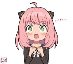 Rule 34 | + +, 1girl, absurdres, ahoge, anya (spy x family), black dress, blush stickers, bow, child, commentary, dress, english commentary, freydraws, green eyes, highres, long sleeves, looking at viewer, open mouth, pink hair, simple background, solo, spy x family, translation request, upper body, white background, white bow