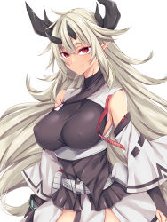 Rule 34 | 1girl, arknights, belt, black shirt, breasts, closed mouth, cowboy shot, detached sleeves, highres, horns, impossible clothes, impossible shirt, large breasts, layered sleeves, long hair, long sleeves, looking at viewer, matoimaru (arknights), pointy ears, red eyes, shirt, silver hair, simple background, sleeves past wrists, smile, solo, suterii, thick eyebrows, underbust, very long hair, white background