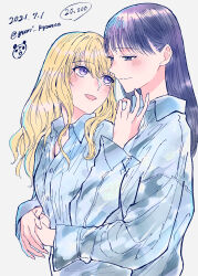 Rule 34 | 2girls, absurdres, blonde hair, blue shirt, closed mouth, collared shirt, commentary request, dated, grey background, hand up, hands on another&#039;s waist, highres, hug, hug from behind, long hair, long sleeves, looking at another, multiple girls, open mouth, original, purple eyes, purple hair, shirt, simple background, smile, twitter username, upper body, yuri, yuri kyanon