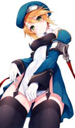 Rule 34 | 1girl, absurdres, beret, black thighhighs, blazblue, blonde hair, blush, breasts, covered navel, covering privates, covering crotch, detached sleeves, dress, from below, gloves, green eyes, hair ornament, hat, highres, hime gyo, long hair, looking at viewer, looking down, no panties, noel vermillion, simple background, small breasts, solo, thighhighs, white background, white gloves