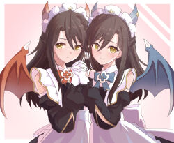 Rule 34 | 2girls, black hair, brown hair, commentary request, detached sleeves, dragon horns, dragon wings, expressionless, gloves, holding hands, horns, lind (princess connect!), long hair, maid, maid headdress, multiple girls, princess connect!, ribbon, siblings, simple background, smile, twins, whitel (zou tukasaki), wings, wurm (princess connect!), yellow eyes