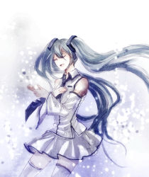 Rule 34 | 1girl, alternate color, aqua hair, detached sleeves, closed eyes, hand on another&#039;s chest, hand on own chest, hatsune miku, long hair, necktie, shinhwe, skirt, solo, twintails, very long hair, vocaloid, yuki miku