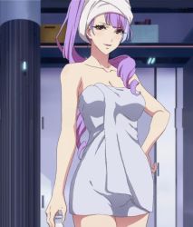 Rule 34 | 10s, 1girl, bare arms, bare shoulders, blush, bottle, breasts, cleavage, collarbone, female focus, hand on own hip, highres, indoors, long hair, macross, macross delta, mikumo guynemer, milk bottle, naked towel, neck, open mouth, purple hair, red eyes, screencap, smile, solo, standing, towel, towel on head