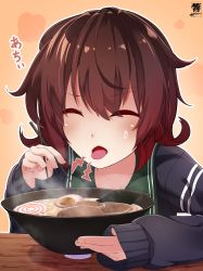 Rule 34 | 1girl, absurdres, artist name, blue jacket, bowl, brown hair, chopsticks, closed eyes, commentary request, egg, food, gradient hair, green sailor collar, hibiki (zerocodo), highres, holding, holding chopsticks, hot, jacket, kamaboko, kantai collection, long sleeves, multicolored hair, mutsuki (kancolle), mutsuki kai ni (kancolle), narutomaki, noodles, nori (seaweed), open clothes, open jacket, open mouth, orange background, outline, ramen, red hair, sailor collar, school uniform, serafuku, shadow, short hair, sidelocks, sleeves past wrists, solo, steam, sweatdrop, table, tongue, tongue out, translation request, upper body, wooden table