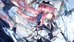 Rule 34 | 1girl, arknights, black bow, bow, ceylon (arknights), commentary, doughnut hair bun, dress, feather hair, floating hair, gloves, hair bun, hat, hat bow, highres, holding, holding umbrella, long hair, long sleeves, looking at viewer, parted lips, pink hair, ribiadan, solo, umbrella, upper body, white dress, white gloves, white hat, yellow eyes