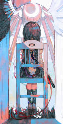 Rule 34 | 2girls, absurdres, akemi homura, arch, asymmetrical wings, black hair, black skirt, black socks, blood, bow, braid, card (medium), chair, chinese commentary, commentary request, death, facing away, feathered wings, from behind, full body, grass, grey footwear, gun, hair bow, heads together, highres, holding, holding gun, holding weapon, jacket, kaname madoka, kyubey, lizard, long hair, long sleeves, lunay, mahou shoujo madoka magica, mahou shoujo madoka magica: hangyaku no monogatari, mitakihara school uniform, multiple girls, on chair, pink hair, plaid, plaid skirt, red ribbon, ribbon, school uniform, shoes, single braid, sitting, skirt, socks, tarot, tarot (medium), ultimate madoka, weapon, white wings, wings, yellow jacket