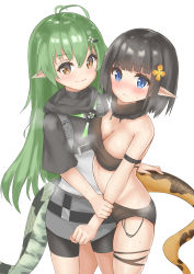 Rule 34 | 2girls, antenna hair, arknights, arm strap, bad id, bad pixiv id, bandeau, bare arms, bare shoulders, bike shorts, black hair, black scarf, black shirt, black shorts, blue eyes, bob cut, breasts, brown eyes, cleavage, commentary request, cowboy shot, crocodilian tail, eunectes (arknights), gavial (arknights), green hair, grey skirt, hair between eyes, highres, long hair, looking at viewer, medium breasts, midriff, miniskirt, multiple girls, pointy ears, scarf, shirt, short sleeves, shorts, simple background, skindentation, skirt, snake tail, standing, strapless, tail, thigh strap, thighs, tube top, very long hair, white background, yuetsu