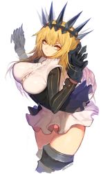 Rule 34 | 10s, 1girl, black rock shooter, blonde hair, blush, breasts, chariot (black rock shooter), claws, cropped legs, crown, dress, female focus, large breasts, long hair, mukka, simple background, solo, thighhighs, white background, yellow eyes