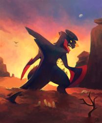Rule 34 | bird, bone, claws, creatures (company), desert, dragon, game freak, garchomp, gen 4 pokemon, highres, looking at viewer, looking back, mash kyrielight, mash kyrielight (dangerous beast), mega pokemon, moon, mountain, nintendo, no humans, pokemon, pokemon (creature), salanchu, sharp teeth, sky, solo, standing, stone, sunset, tail, teeth, tree, withered, yellow eyes