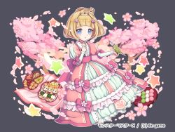 Rule 34 | 1girl, animal, animal on head, bento, bird, bird on hand, blonde hair, blue eyes, blunt bangs, bow, cherry blossoms, company name, crown, dango, dress, dress bow, flower, food, frills, full body, grey background, hair flower, hair ornament, hanami, hand up, long sleeves, looking at viewer, maasa, monster master x, official art, on head, pink bow, pink dress, puffy sleeves, short hair, sitting, solo, squirrel, star (symbol), wagashi